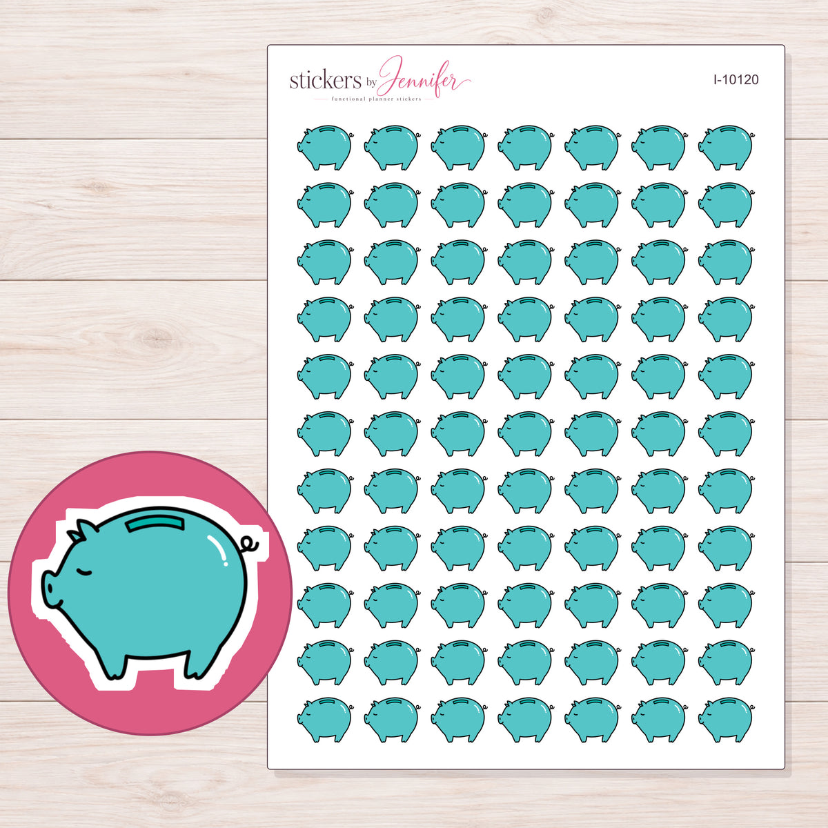 Teal Piggy Bank Planner Stickers | I-10120 — 5 × 7 inch sheet and enlarged sticker detail
