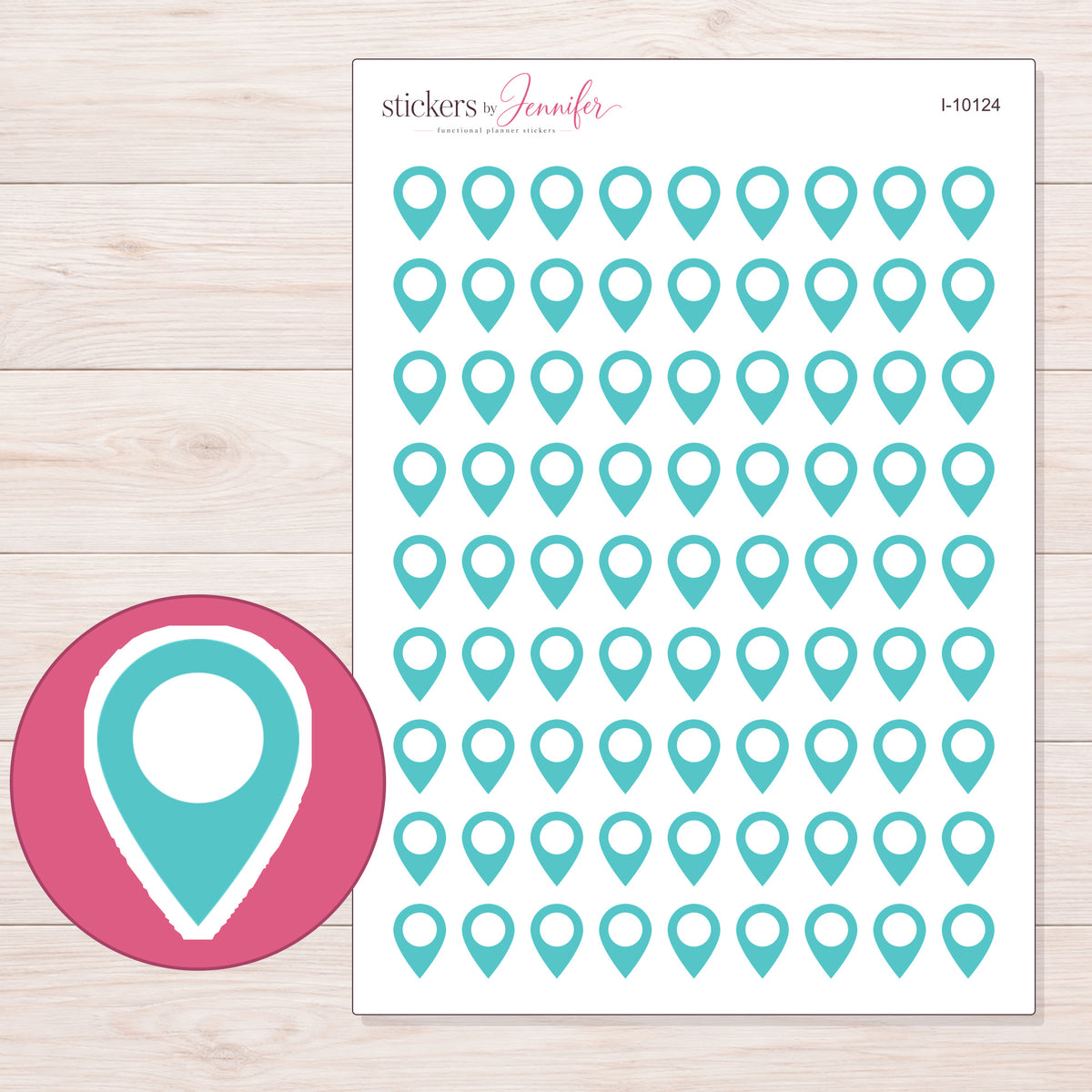 Teal Location Pin Planner Stickers | I-10124 — 5 × 7 inch sheet and enlarged sticker detail
