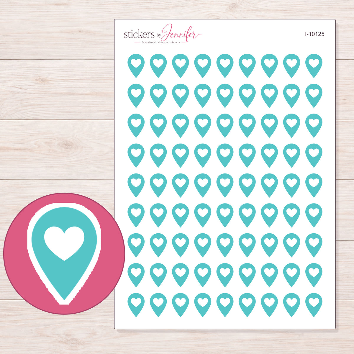 Teal Heart Location Pin Planner Stickers | I-10125 — 5 × 7 inch sheet and enlarged sticker detail