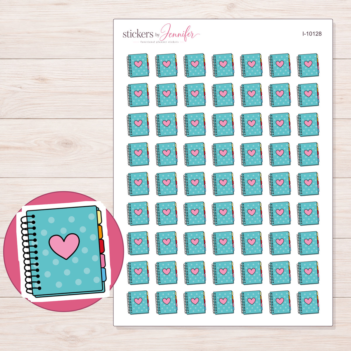 Teal Pink Heart Spiral Planner Stickers | I-10128 — 5 × 7 inch sheet and enlarged sticker detail
