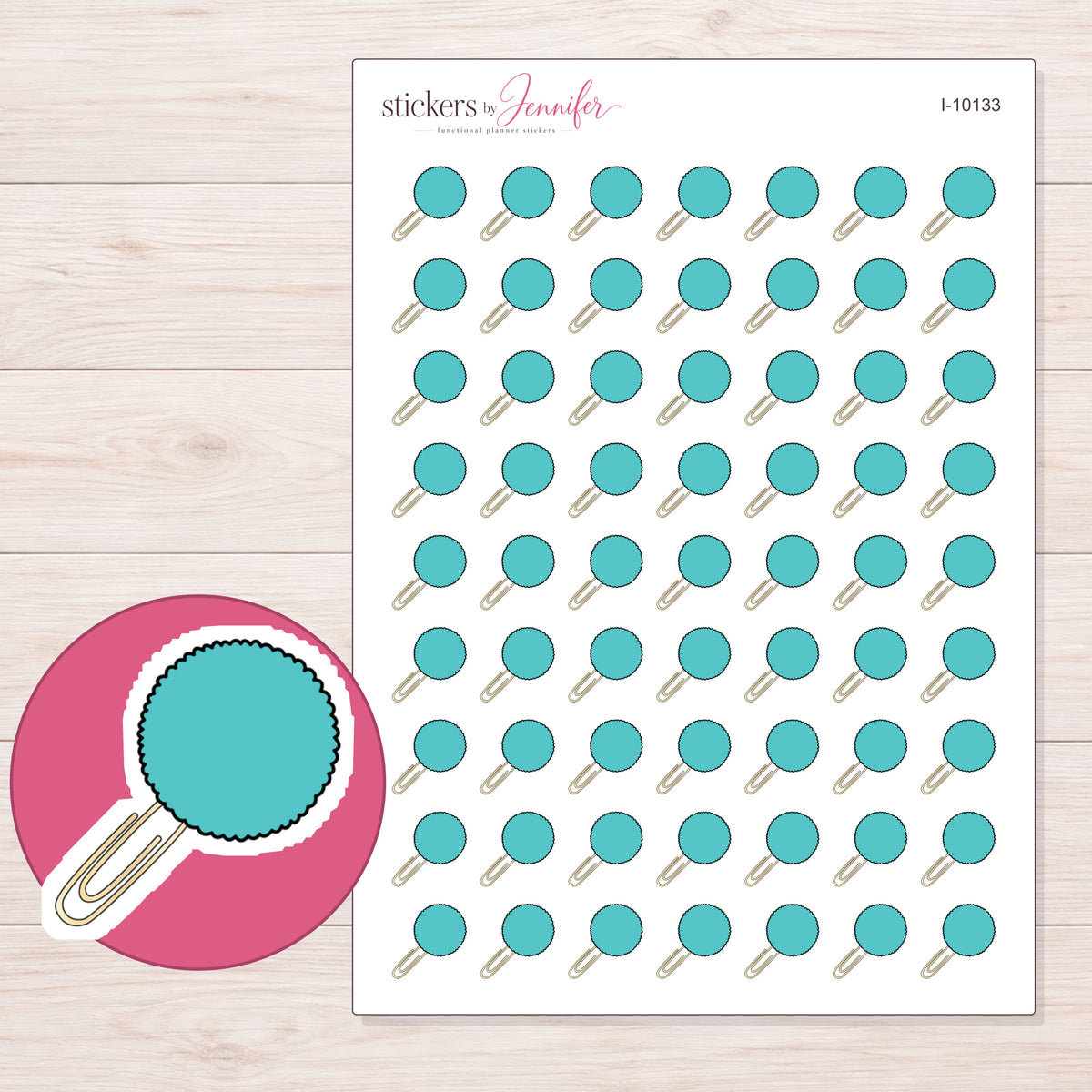 Teal Pom Pom Paper Clip Planner Stickers | I-10133 — 5 × 7 inch sheet and enlarged sticker detail