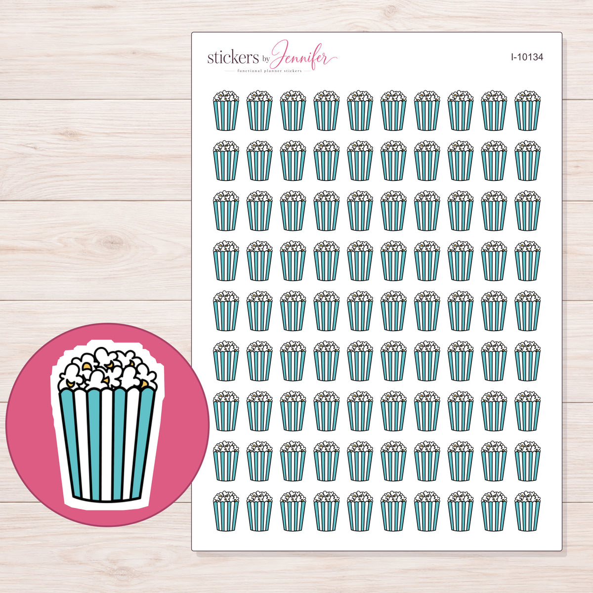 Teal Striped Popcorn Tub Planner Stickers | I-10134 — 5 × 7 inch sheet and enlarged sticker detail