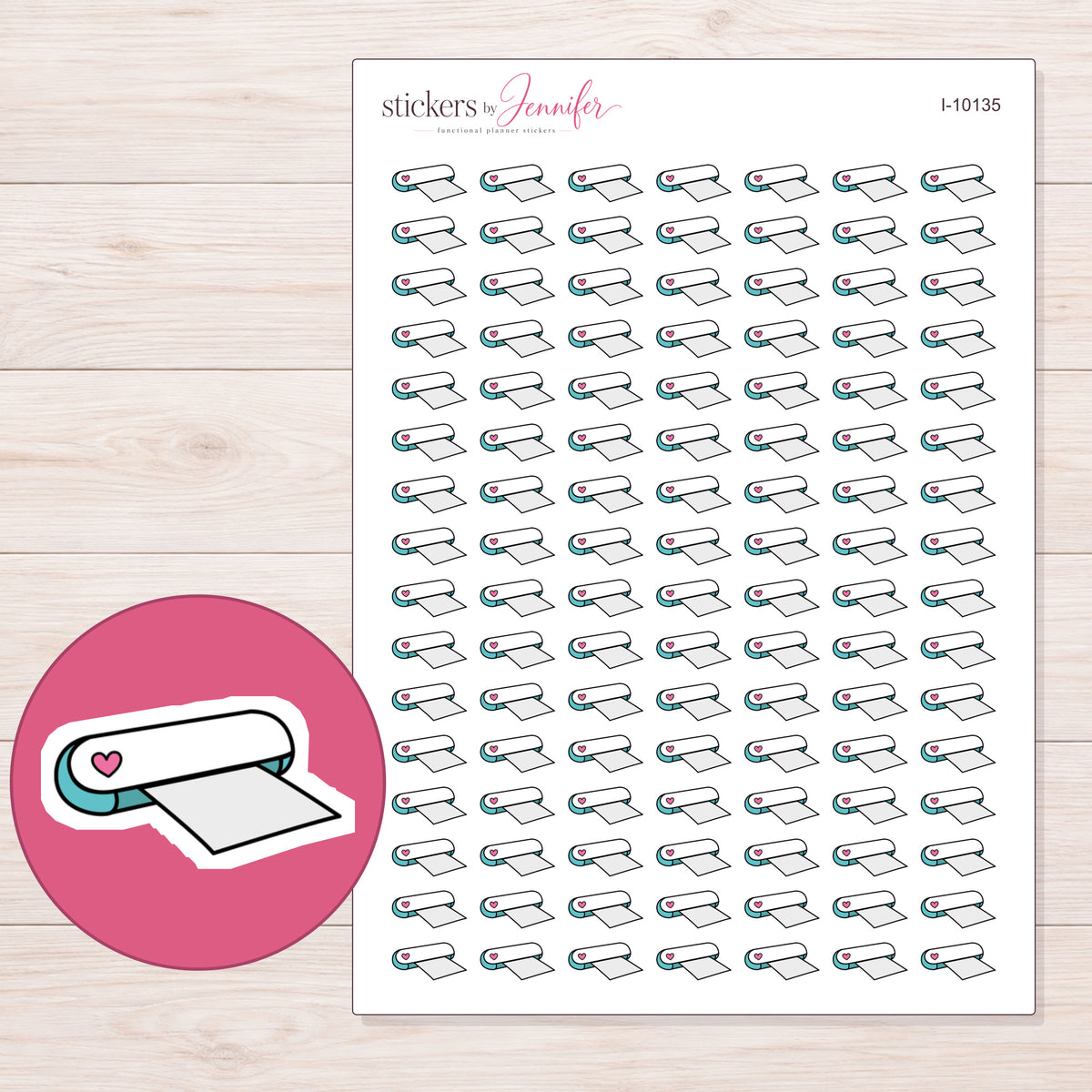 White Heart Cutting Machine Planner Stickers | I-10135 — 5 × 7 inch sheet and enlarged sticker detail