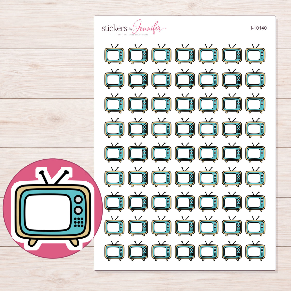 Teal Retro Television Planner Stickers | I-10140 — 5 × 7 inch sheet and enlarged sticker detail