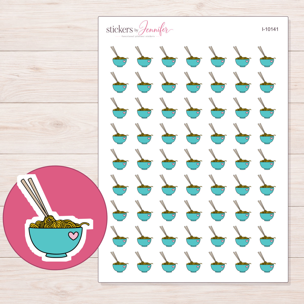 Teal Heart Ramen Bowl Planner Stickers | I-10141 — 5 × 7 inch sheet and enlarged sticker detail