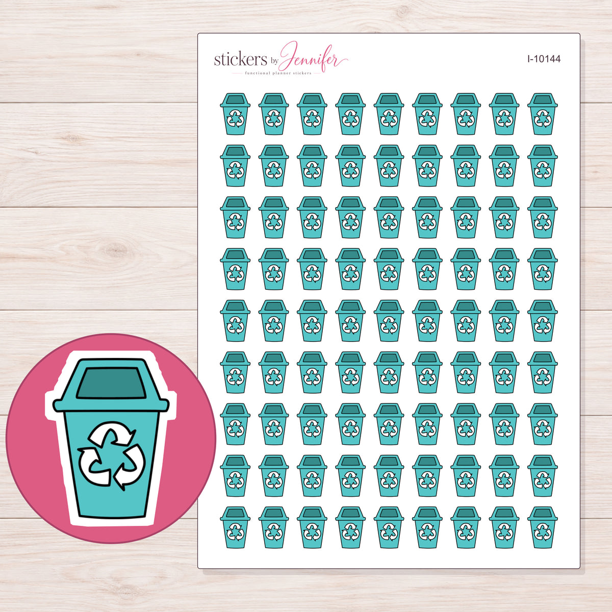 Teal Recycling Bin Planner Stickers | I-10144 — 5 × 7 inch sheet and enlarged sticker detail