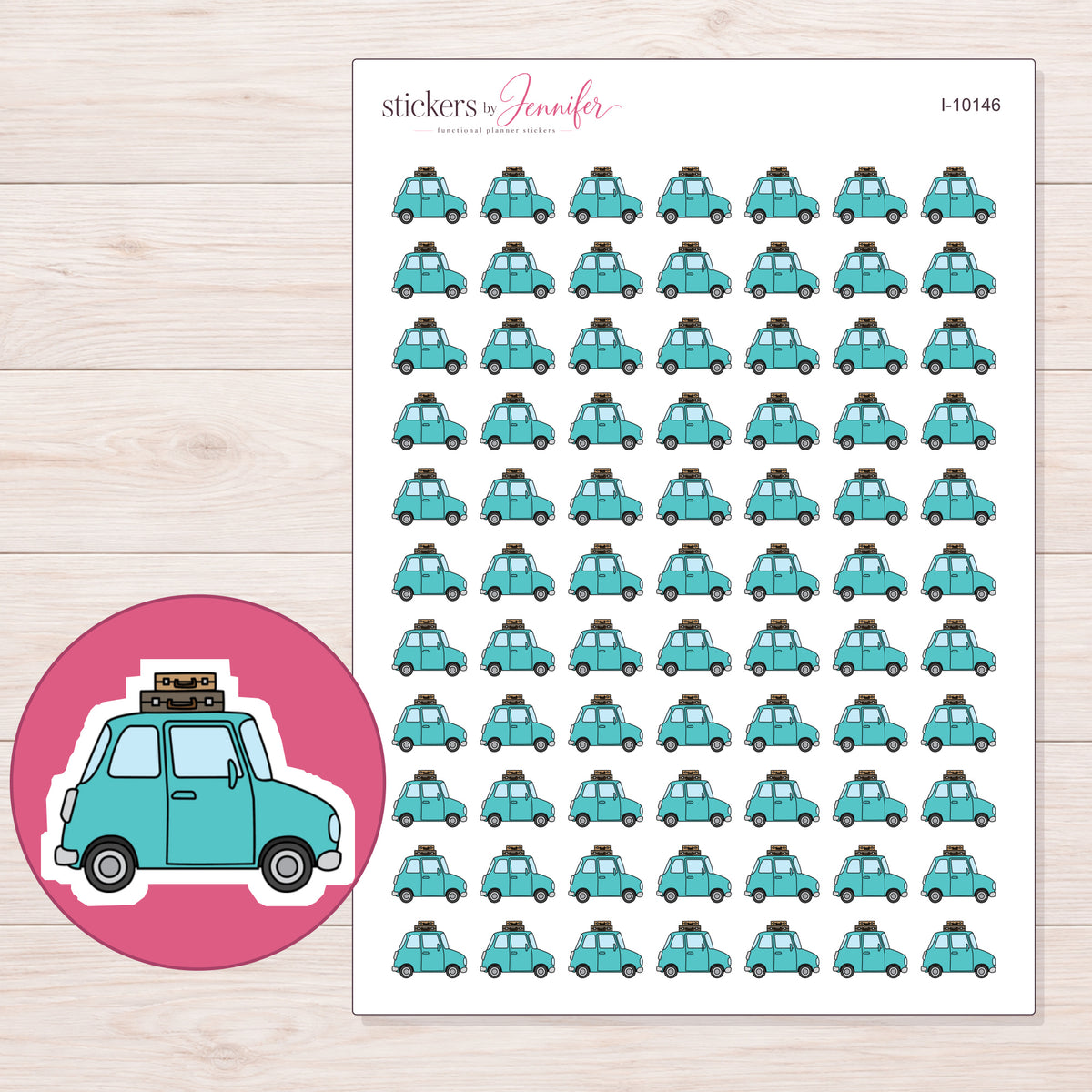Teal Road Trip Car Planner Stickers | I-10146 — 5 × 7 inch sheet and enlarged sticker detail