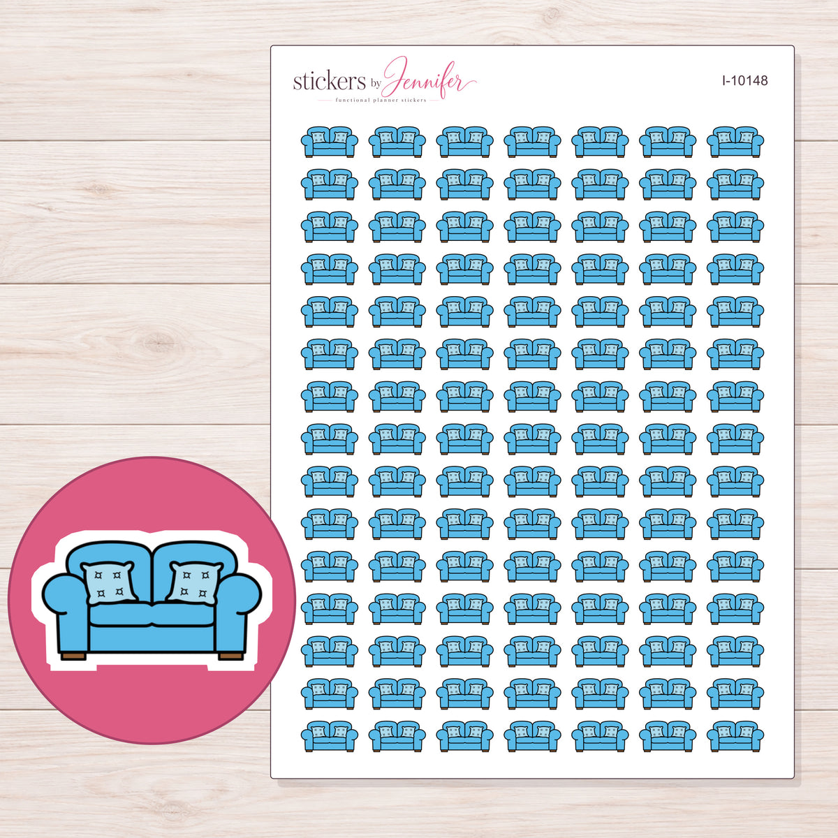 Blue Sofa Planner Stickers | I-10148 — 5 × 7 inch sheet and enlarged sticker detail