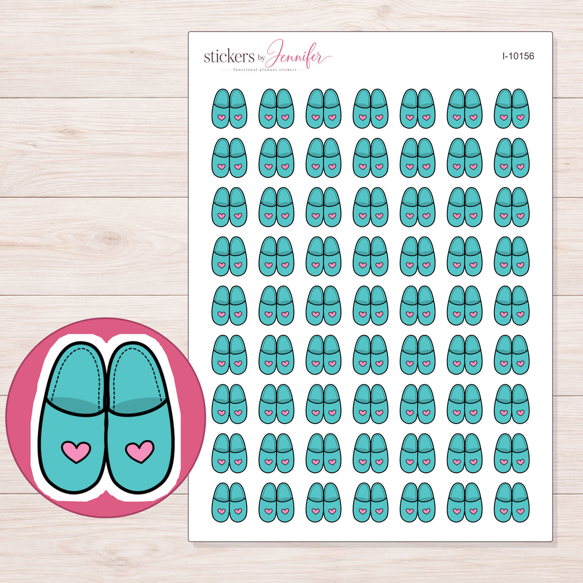 Teal Heart Slippers Planner Stickers | I-10156 — 5 × 7 inch sheet and enlarged sticker detail