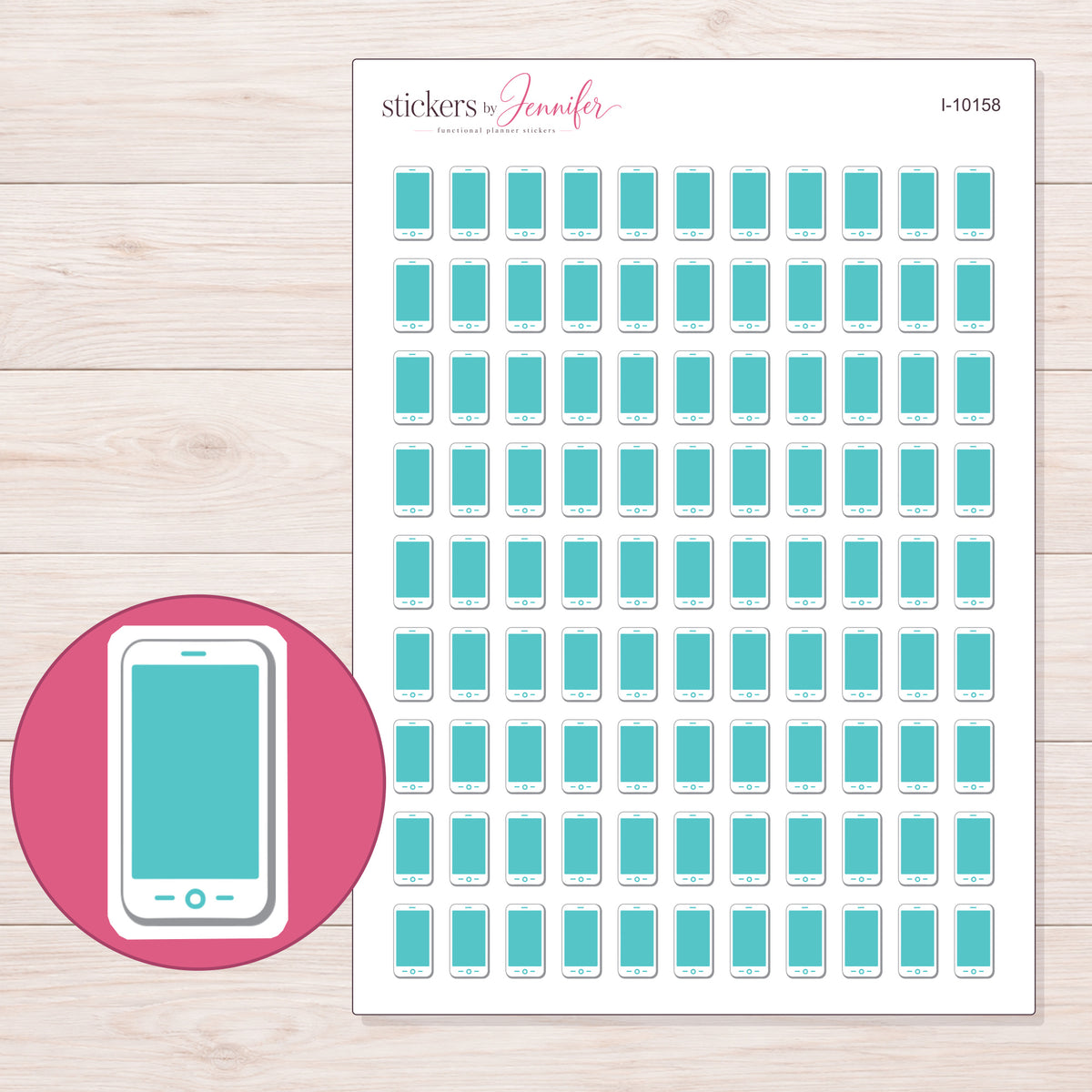Teal Screen Smartphone Planner Stickers | I-10158 — 5 × 7 inch sheet and enlarged sticker detail