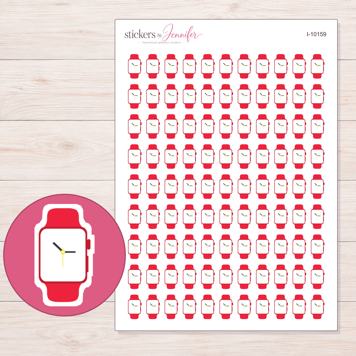 Red Band Wristwatch Planner Stickers | I-10159 — 5 × 7 inch sheet and enlarged sticker detail