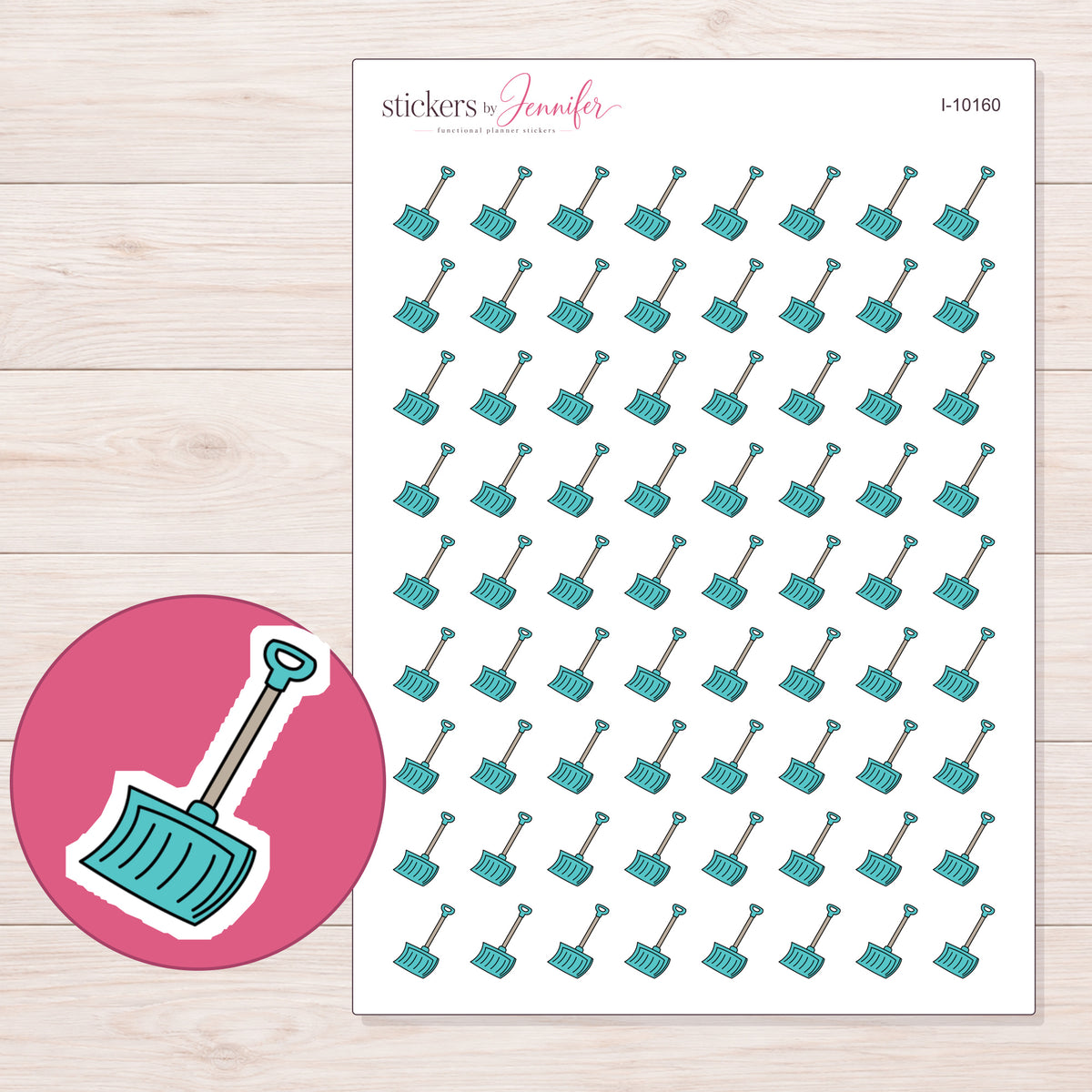 Teal Snow Shovel Planner Stickers | I-10160 — 5 × 7 inch sheet and enlarged sticker detail
