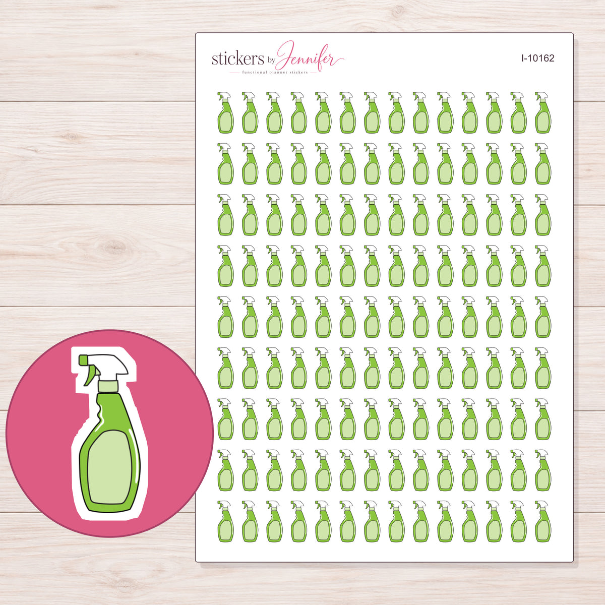 Green Cleaning Spray Planner Stickers | I-10162 — 5 × 7 inch sheet and enlarged sticker detail