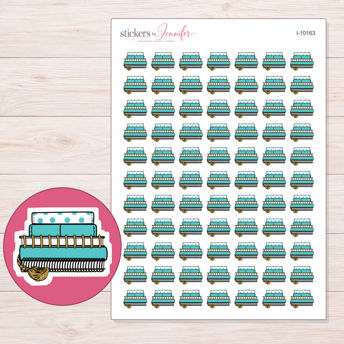Stack of Teal Notebooks Planner Stickers | I-10163 — 5 × 7 inch sheet and enlarged sticker detail