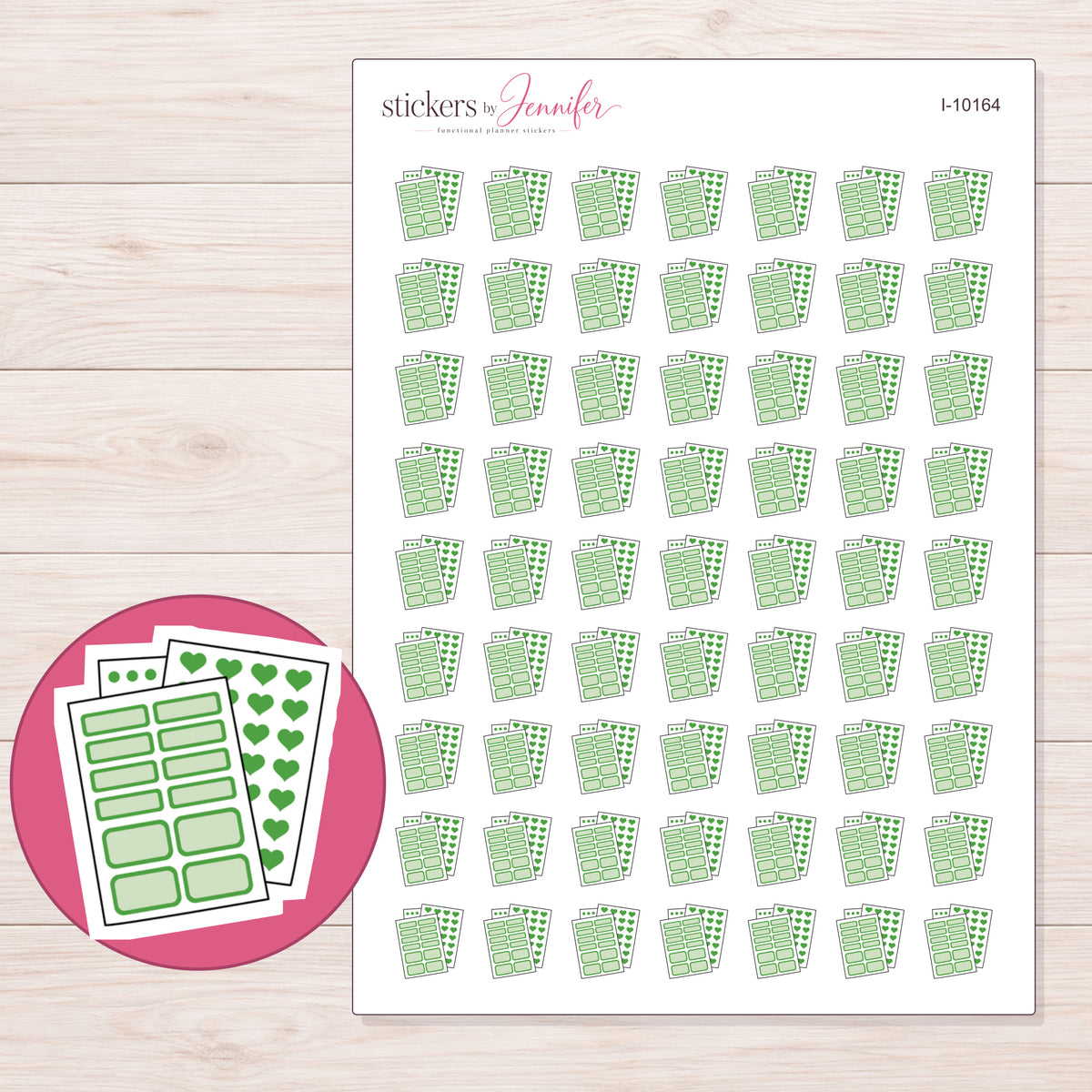 Green Planner Sticker Sheets Planner Stickers | I-10164 — 5 × 7 inch sheet and enlarged sticker detail