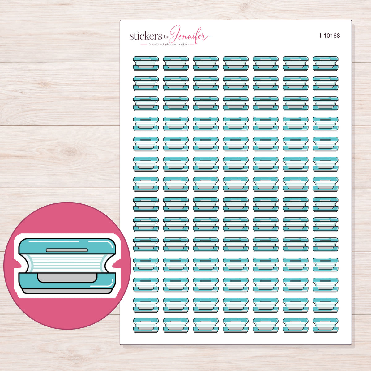 Teal Tanning Bed Planner Stickers | I-10168 — 5 × 7 inch sheet and enlarged sticker detail