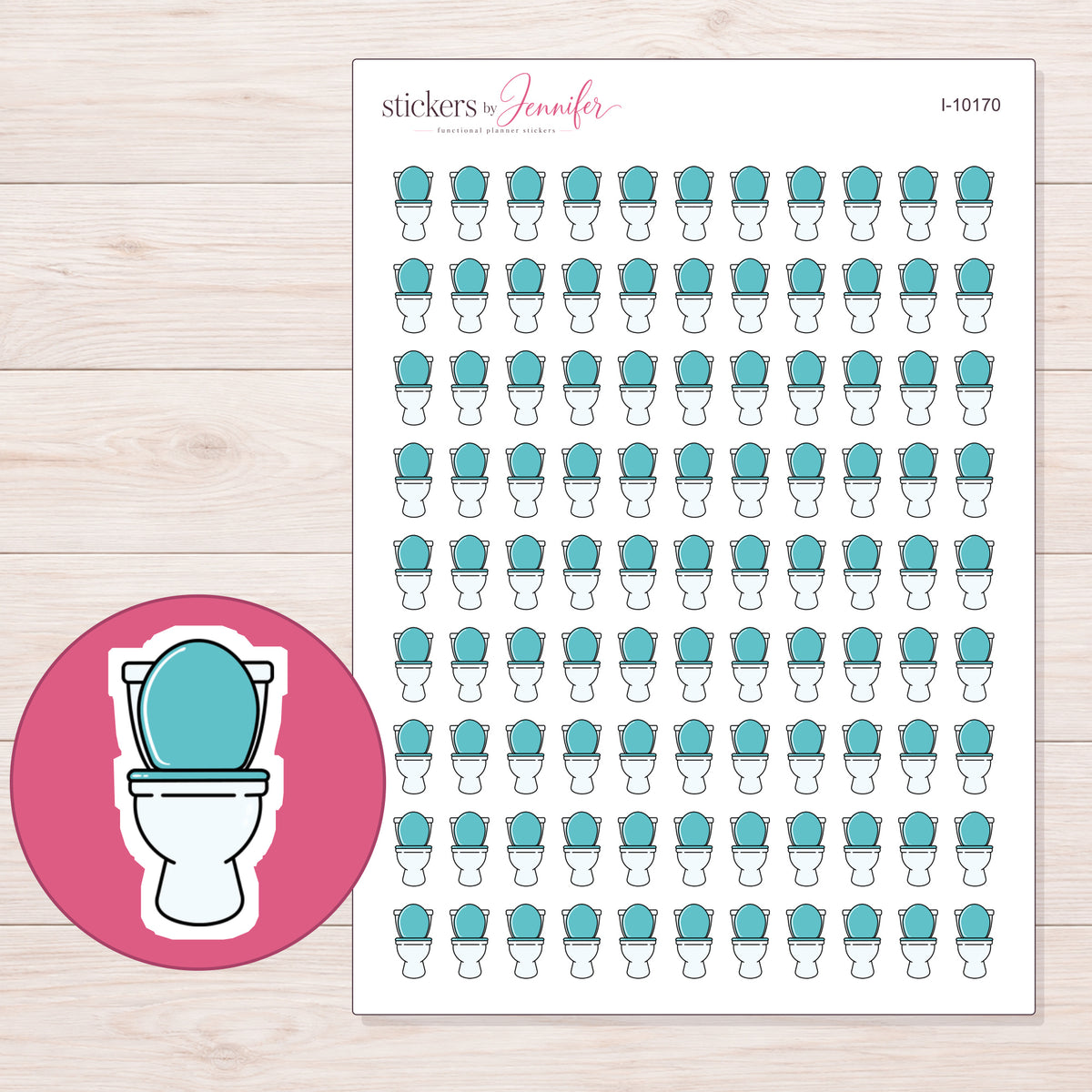 White Toilet with Teal Seat Planner Stickers | I-10170 — 5 × 7 inch sheet and enlarged sticker detail
