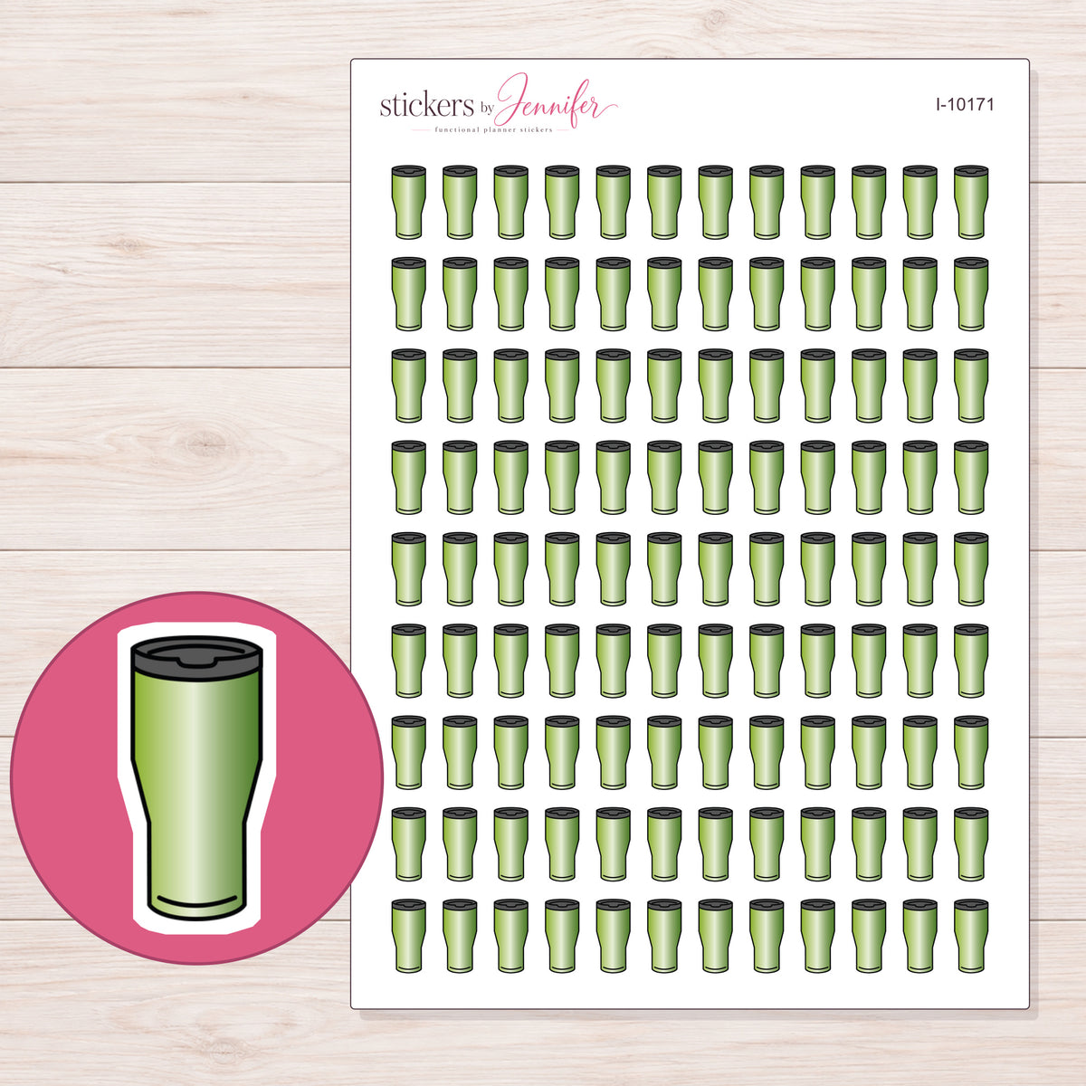 Green Travel Tumbler Planner Stickers | I-10171 — 5 × 7 inch sheet and enlarged sticker detail