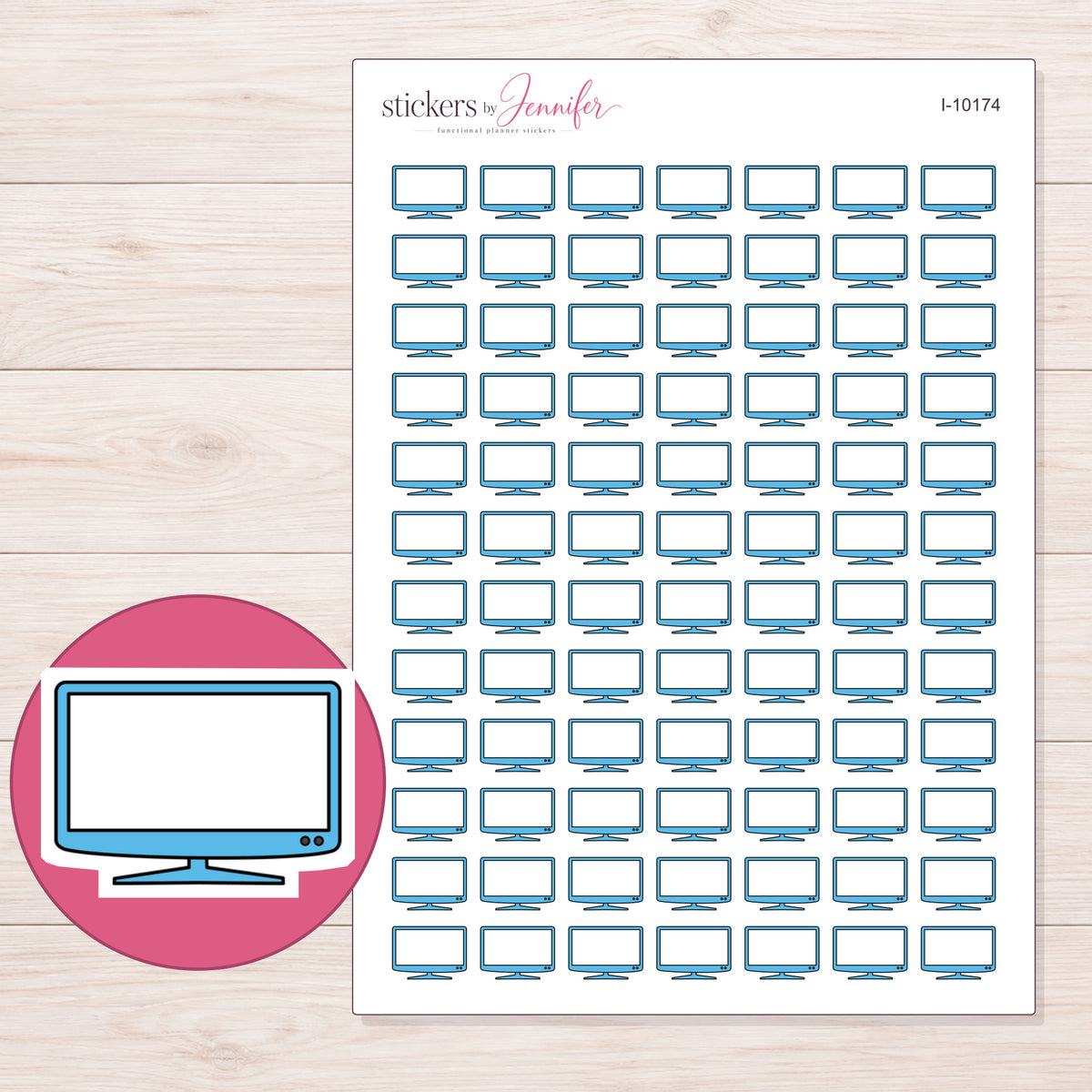 Blue Flat Screen Television Planner Stickers | I-10174 — 5 × 7 inch sheet and enlarged sticker detail
