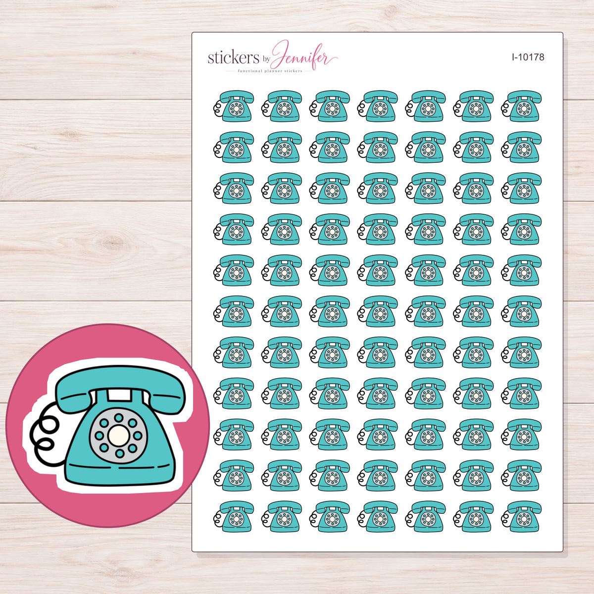 Teal Rotary Telephone Planner Stickers | I-10178 — 5 × 7 inch sheet and enlarged sticker detail