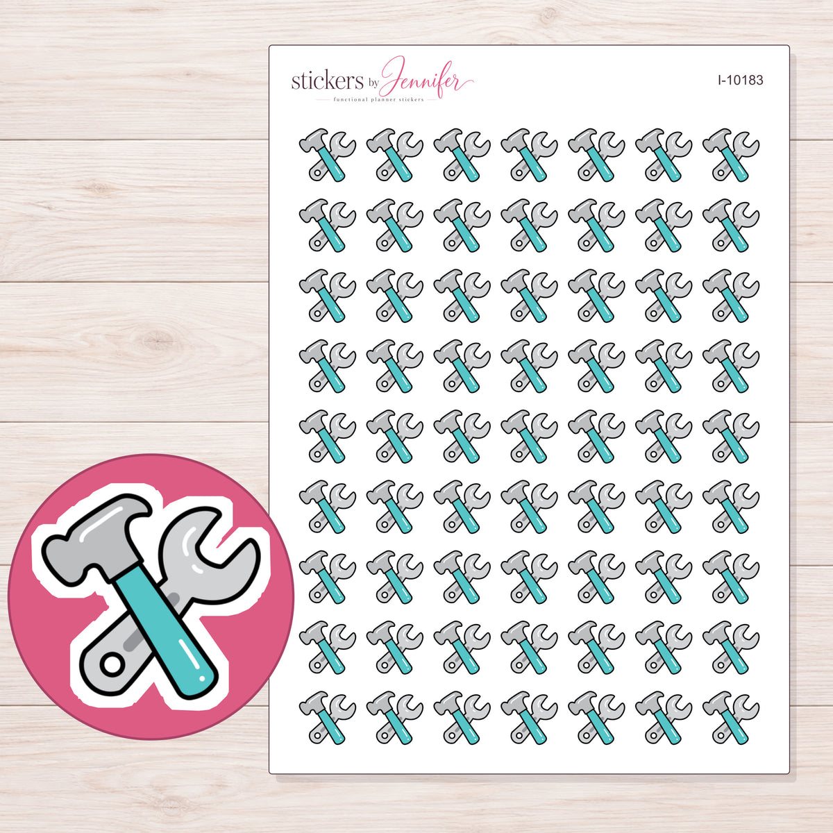 Hammer and Wrench Planner Stickers | I-10183 — 5 × 7 inch sheet and enlarged sticker detail