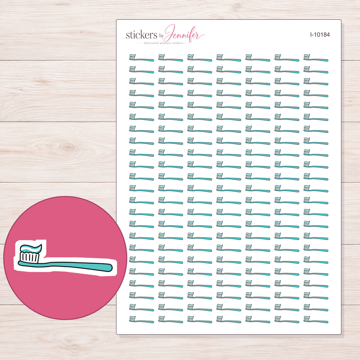 Teal Toothbrush Planner Stickers | I-10184 — 5 × 7 inch sheet and enlarged sticker detail