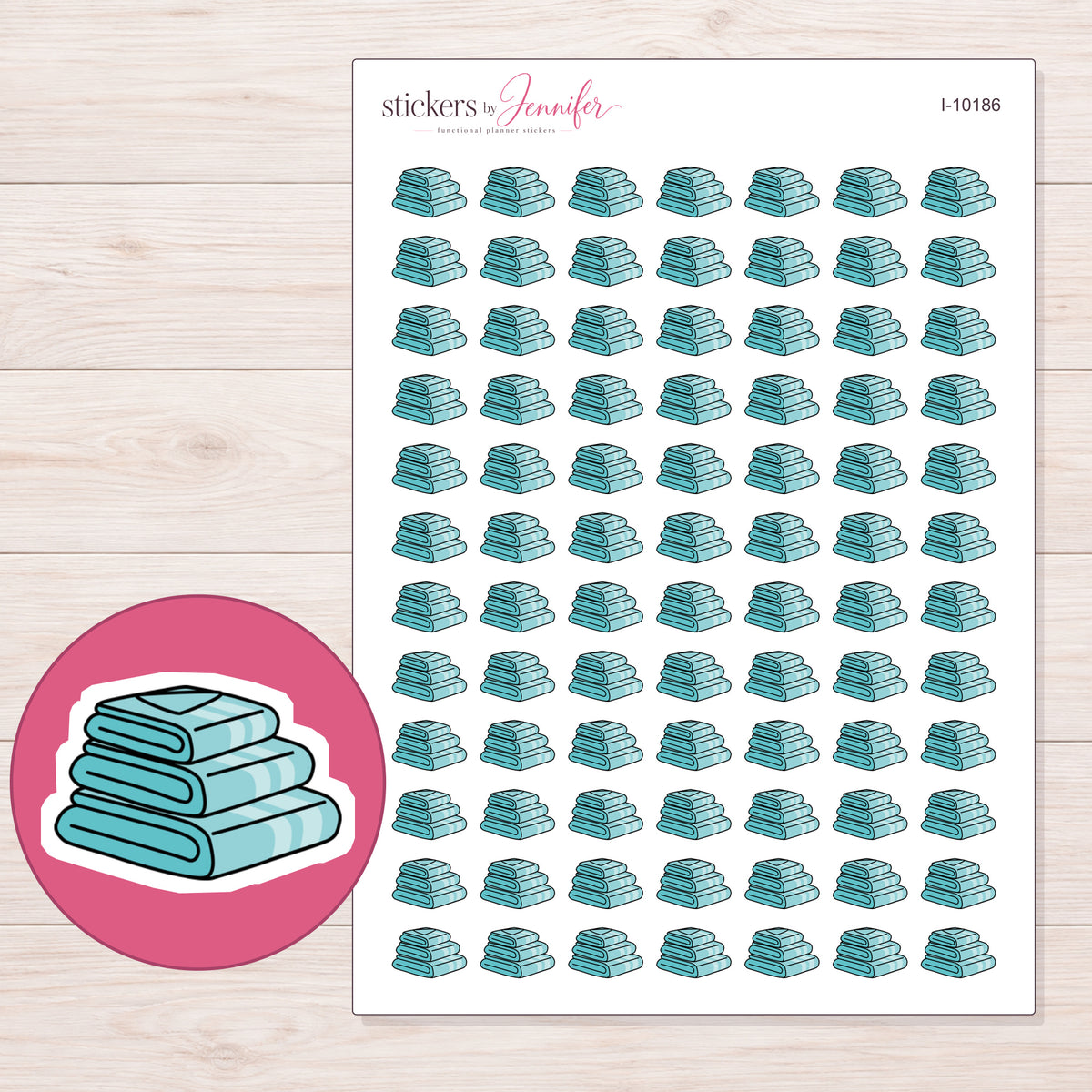 Stack of Teal Towels Planner Stickers | I-10186 — 5 × 7 inch sheet and enlarged sticker detail