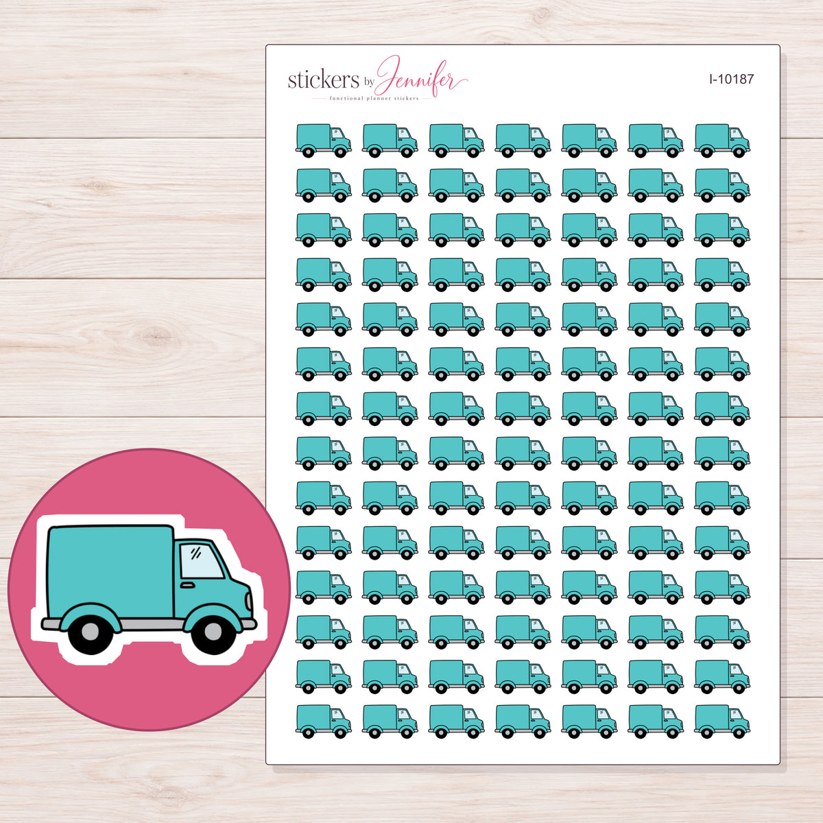 Teal Delivery Truck Planner Stickers | I-10187 — 5 × 7 inch sheet and enlarged sticker detail