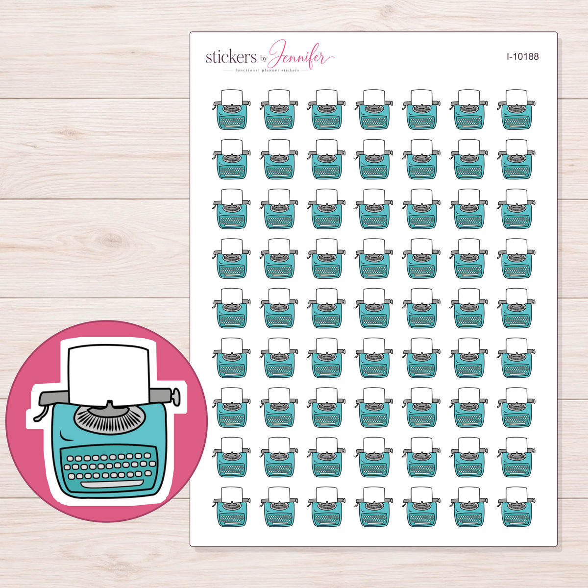 Teal Typewriter Planner Stickers | I-10188 — 5 × 7 inch sheet and enlarged sticker detail