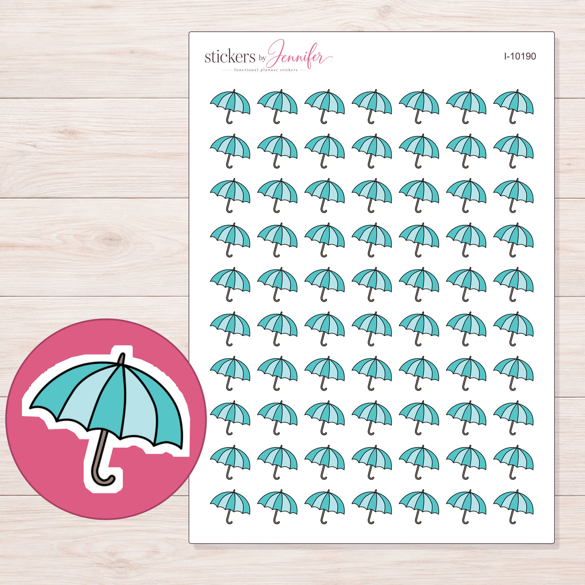 Teal Umbrella Planner Stickers | I-10190 — 5 × 7 inch sheet and enlarged sticker detail