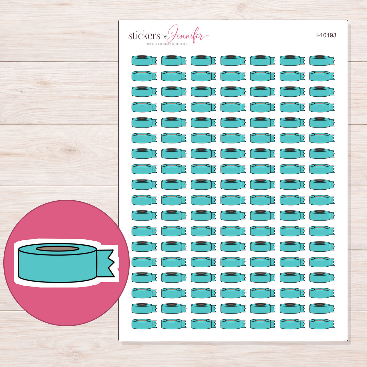 Teal Washi Roll with Loose End Planner Stickers | I-10193 — 5 × 7 inch sheet and enlarged sticker detail