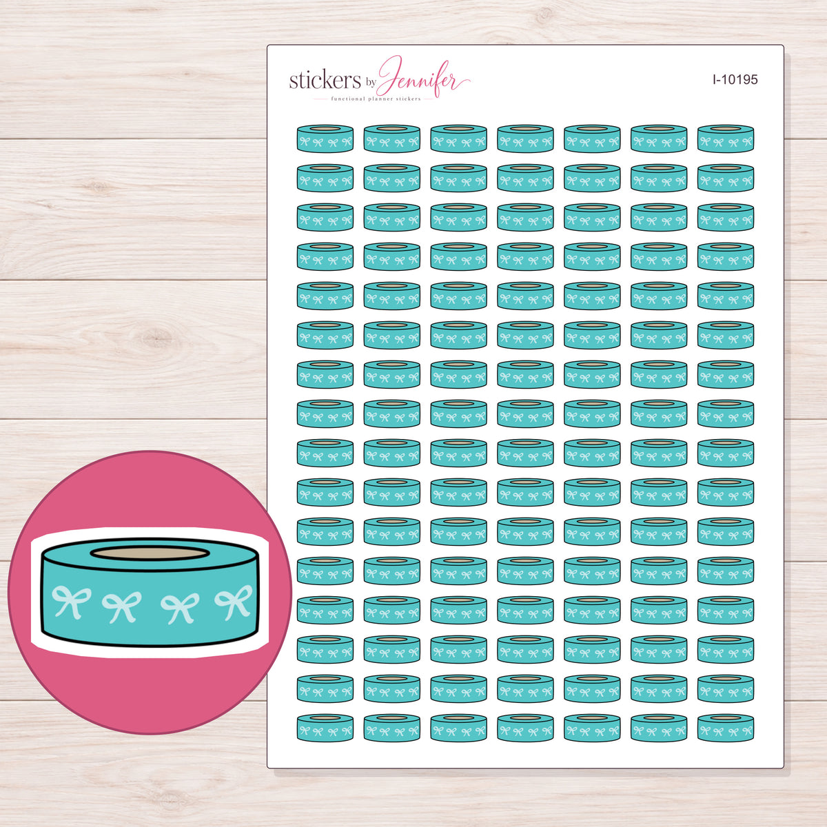 Teal Bow Washi Roll Planner Stickers | I-10195 — 5 × 7 inch sheet and enlarged sticker detail