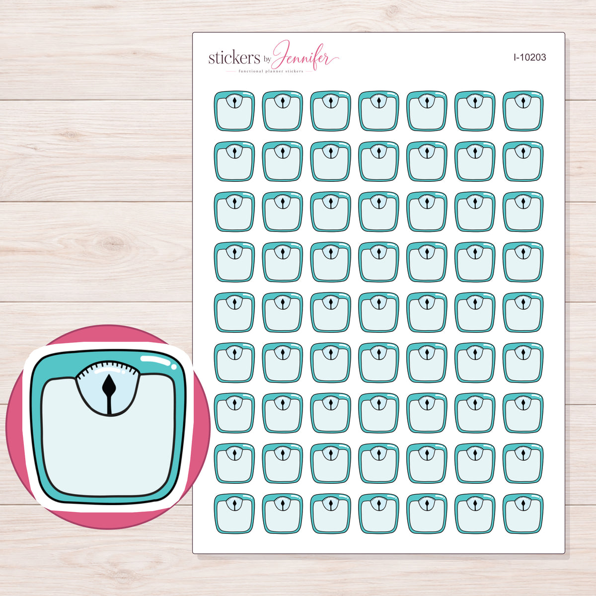 Teal Bathroom Scale Planner Stickers | I-10203 — 5 × 7 inch sheet and enlarged sticker detail