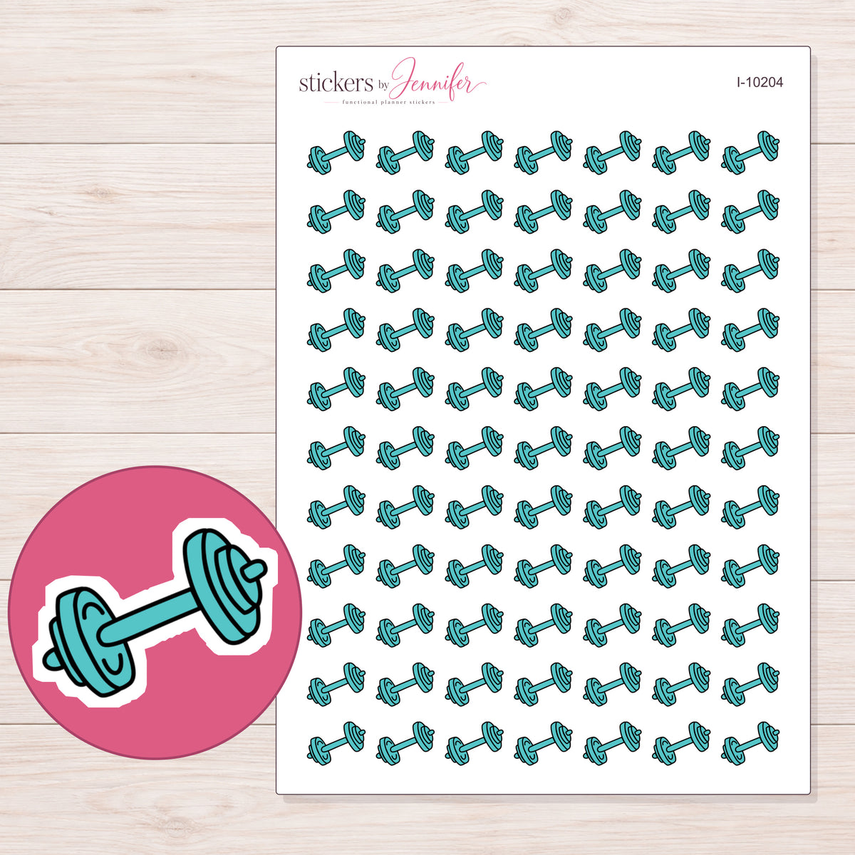 Teal Dumbbell Planner Stickers | I-10204 — 5 × 7 inch sheet and enlarged sticker detail