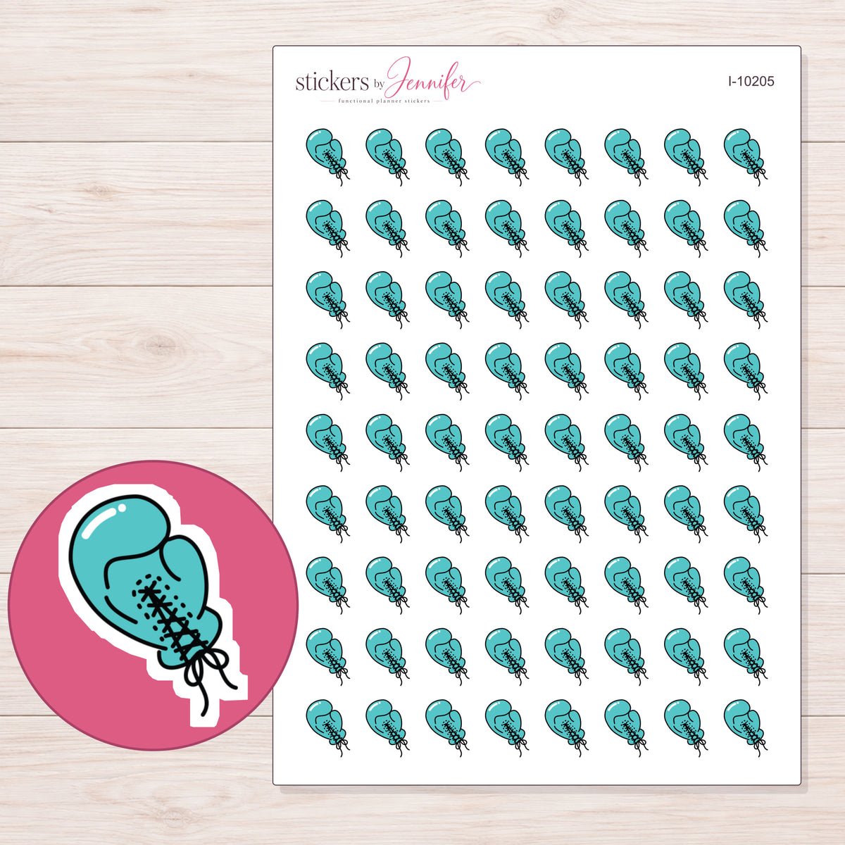 Teal Boxing Glove Planner Stickers | I-10205 — 5 × 7 inch sheet and enlarged sticker detail
