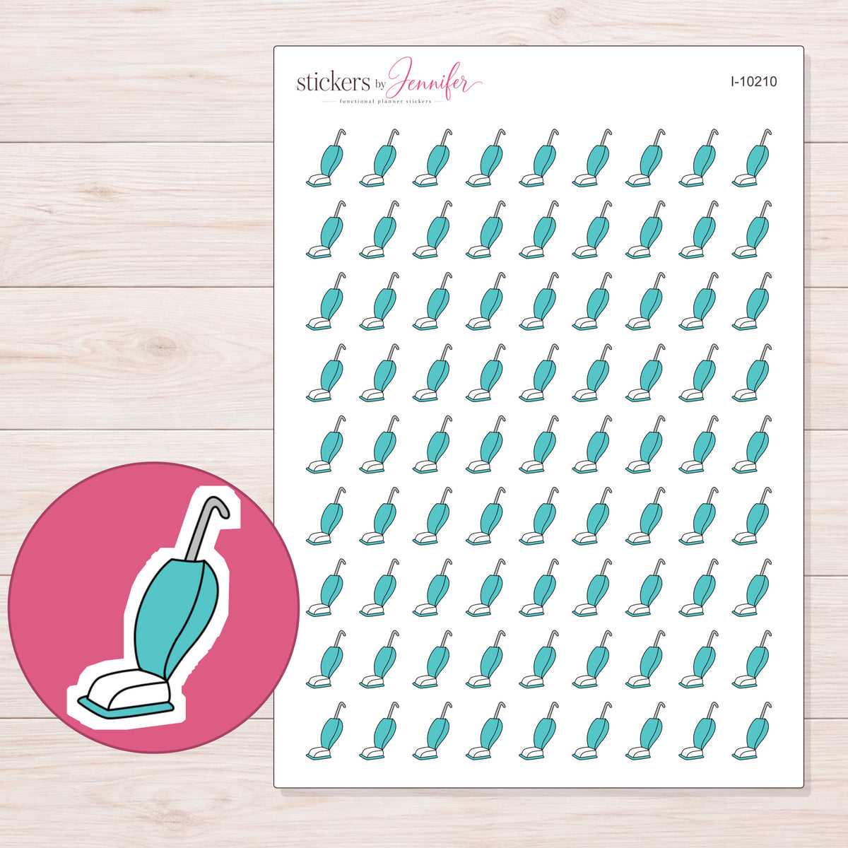 Teal Doodle Vacuum Planner Stickers | I-10210 — 5 × 7 inch sheet and enlarged sticker detail