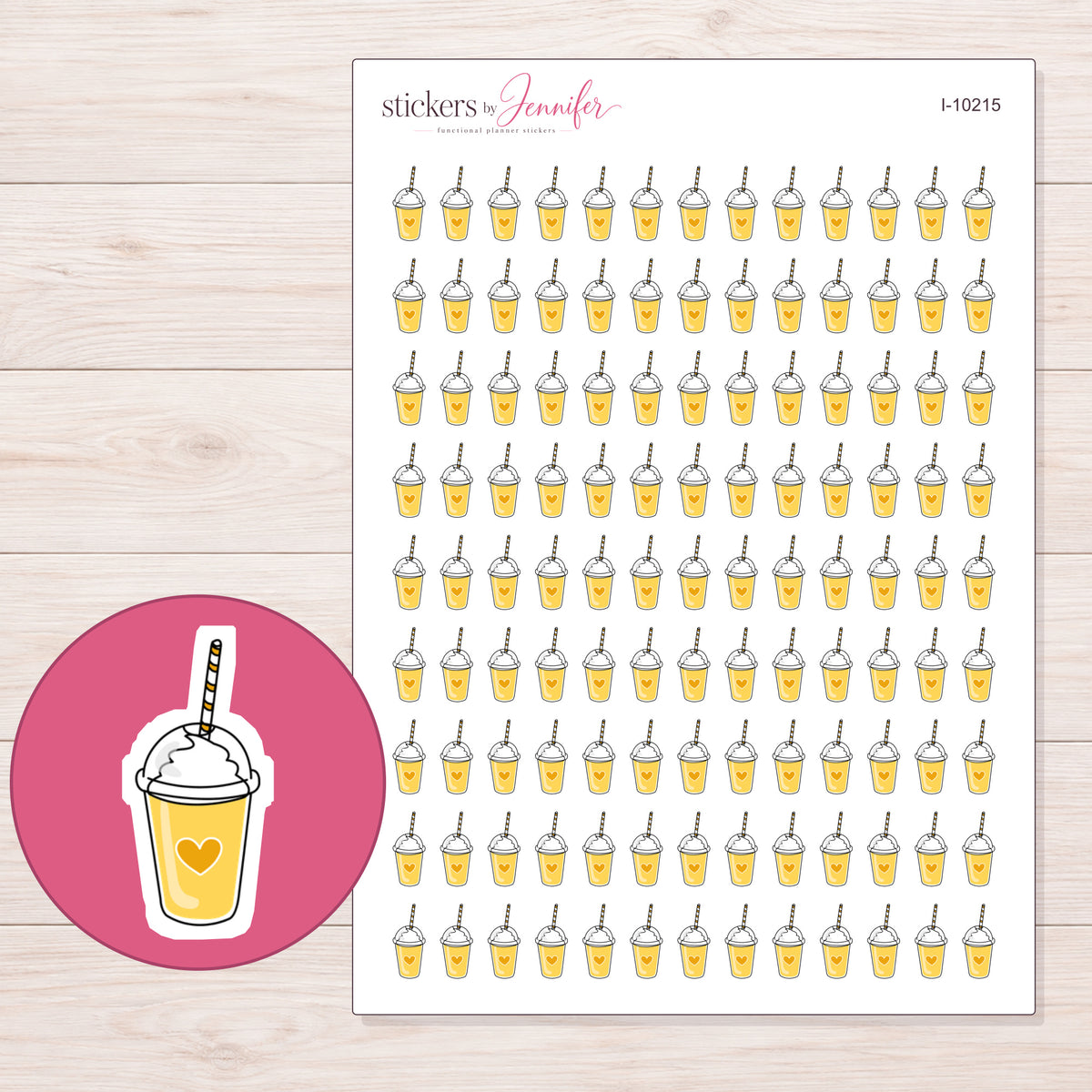Yellow Heart Smoothie Planner Stickers | I-10215 — 5 × 7 inch sheet and enlarged sticker detail