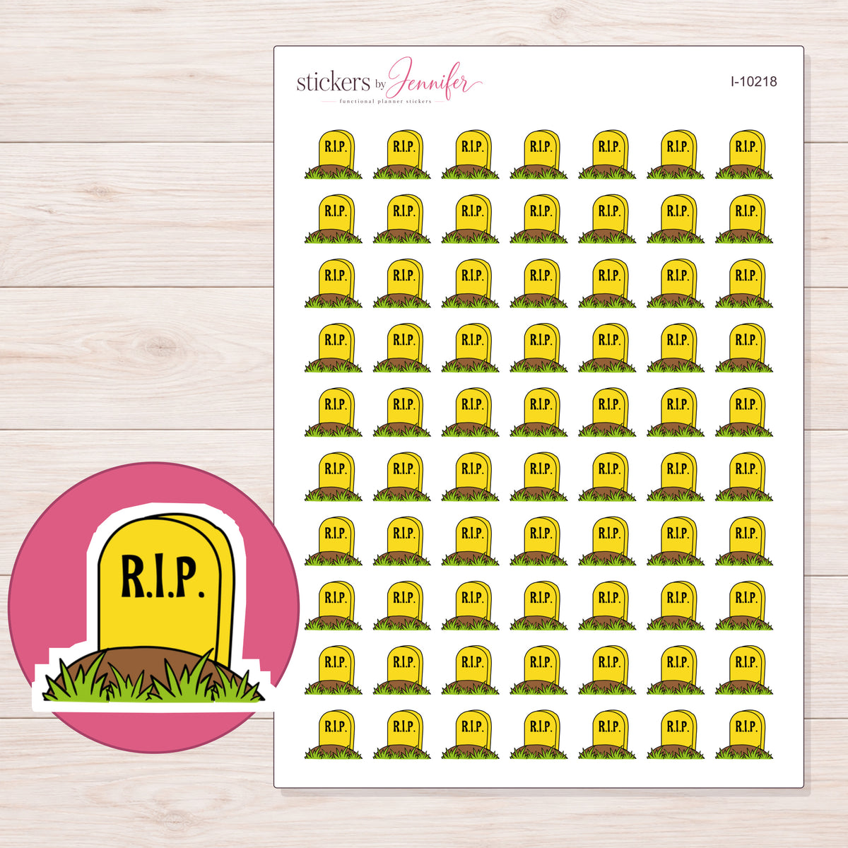 Yellow RIP Gravestone Planner Stickers | I-10218 — 5 × 7 inch sheet and enlarged sticker detail