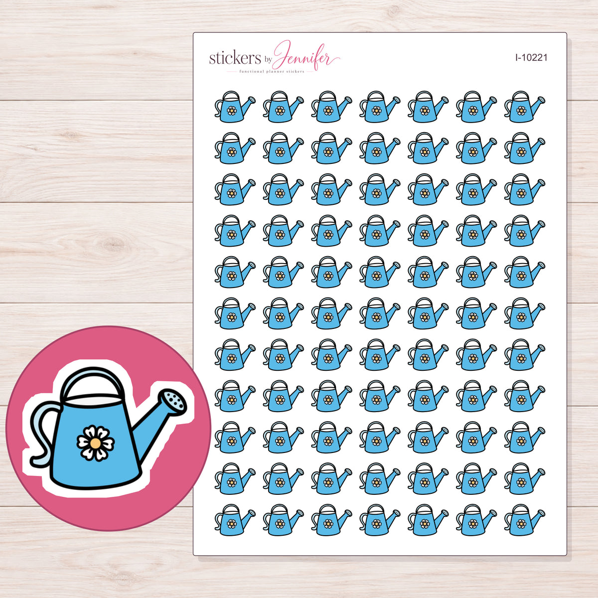 Blue Flower Watering Can Planner Stickers | I-10221 — 5 × 7 inch sheet and enlarged sticker detail