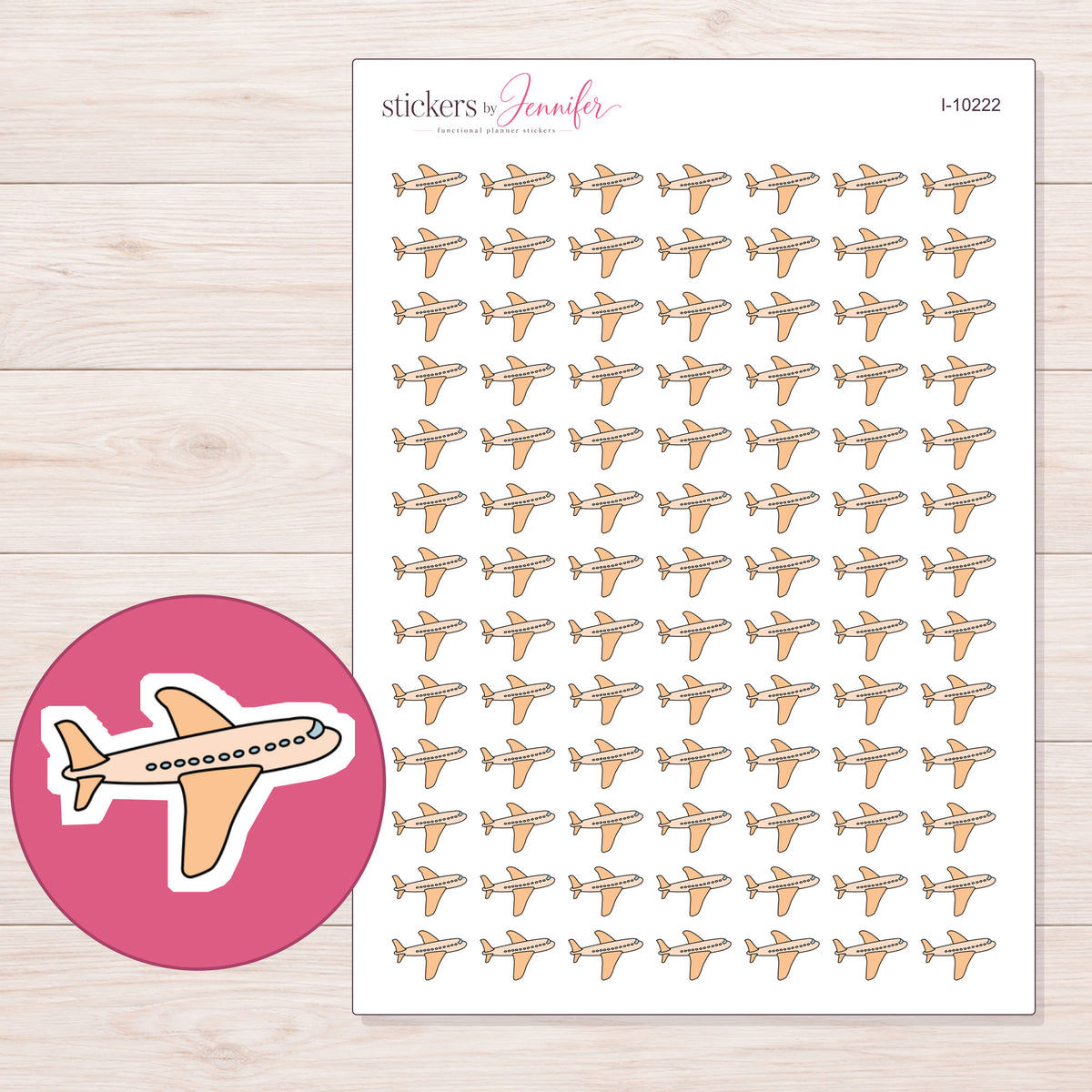 Peach Airplane Planner Stickers | I-10222 — 5 × 7 inch sheet and enlarged sticker detail