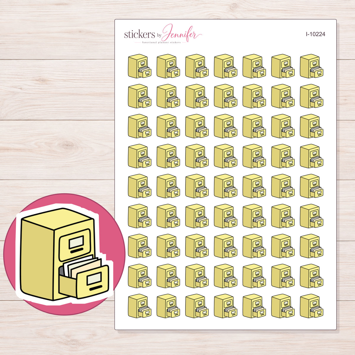 Yellow Filing Cabinet Planner Stickers | I-10224 — 5 × 7 inch sheet and enlarged sticker detail