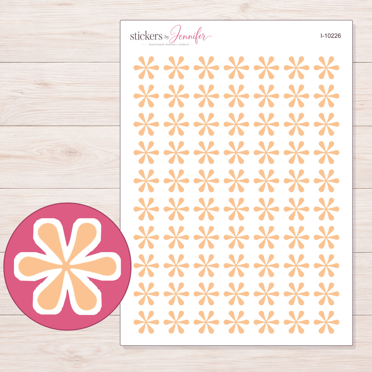 Peach Asterisk Flower Planner Stickers | I-10226 — 5 × 7 inch sheet and enlarged sticker detail