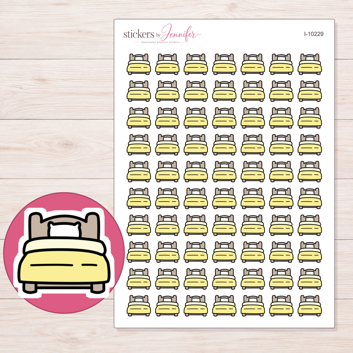 Yellow Single Bed Planner Stickers | I-10229 — 5 × 7 inch sheet and enlarged sticker detail