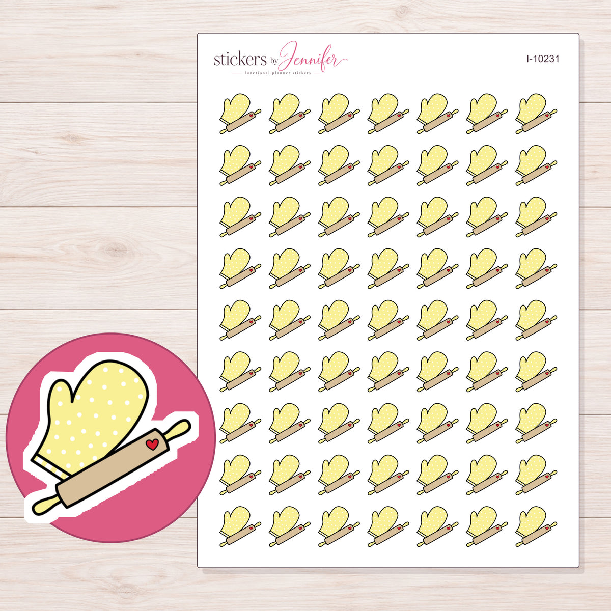 Yellow Oven Mitt and Rolling Pin Planner Stickers | I-10231 — 5 × 7 inch sheet and enlarged sticker detail
