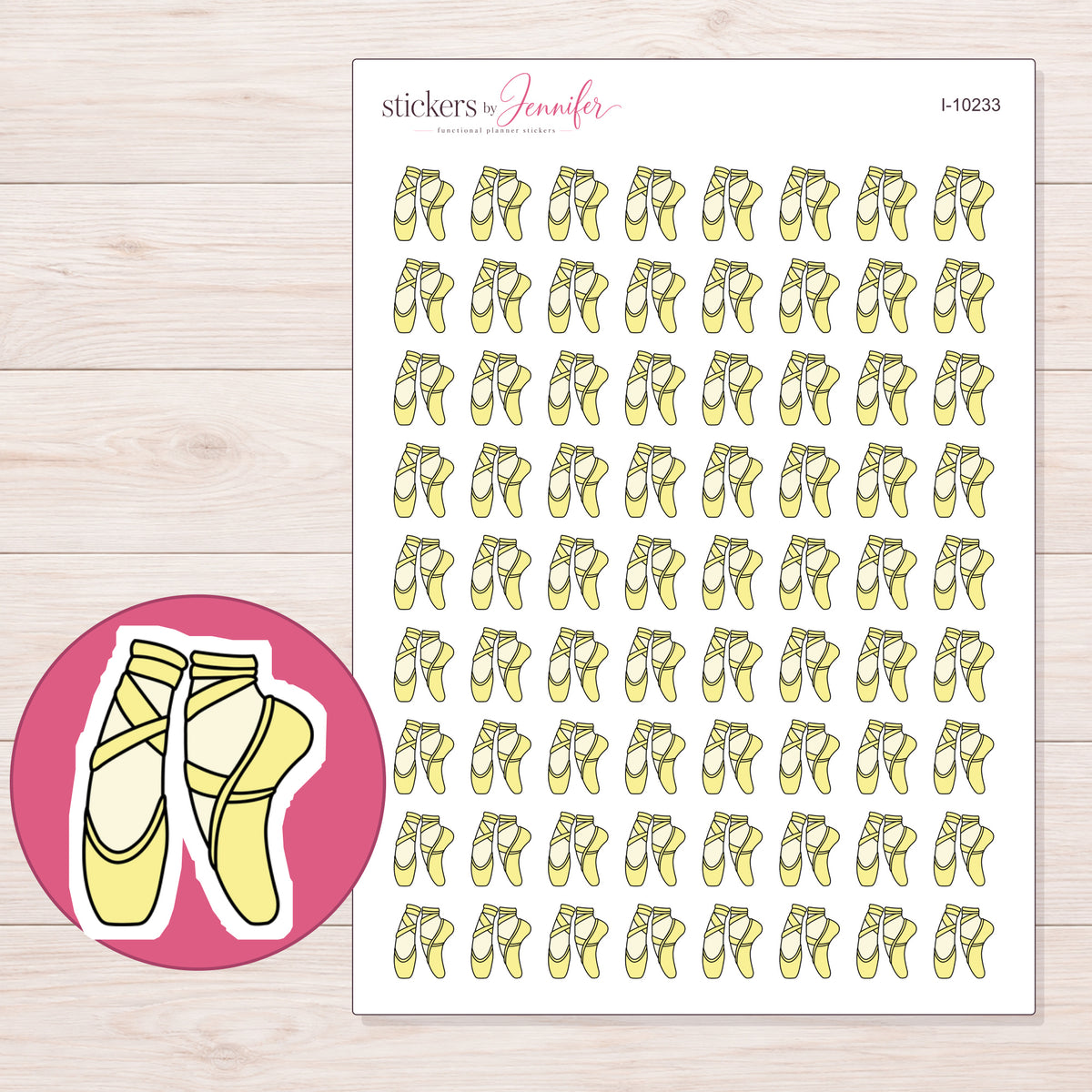 Yellow Ballet Shoes Planner Stickers | I-10233 — 5 × 7 inch sheet and enlarged sticker detail