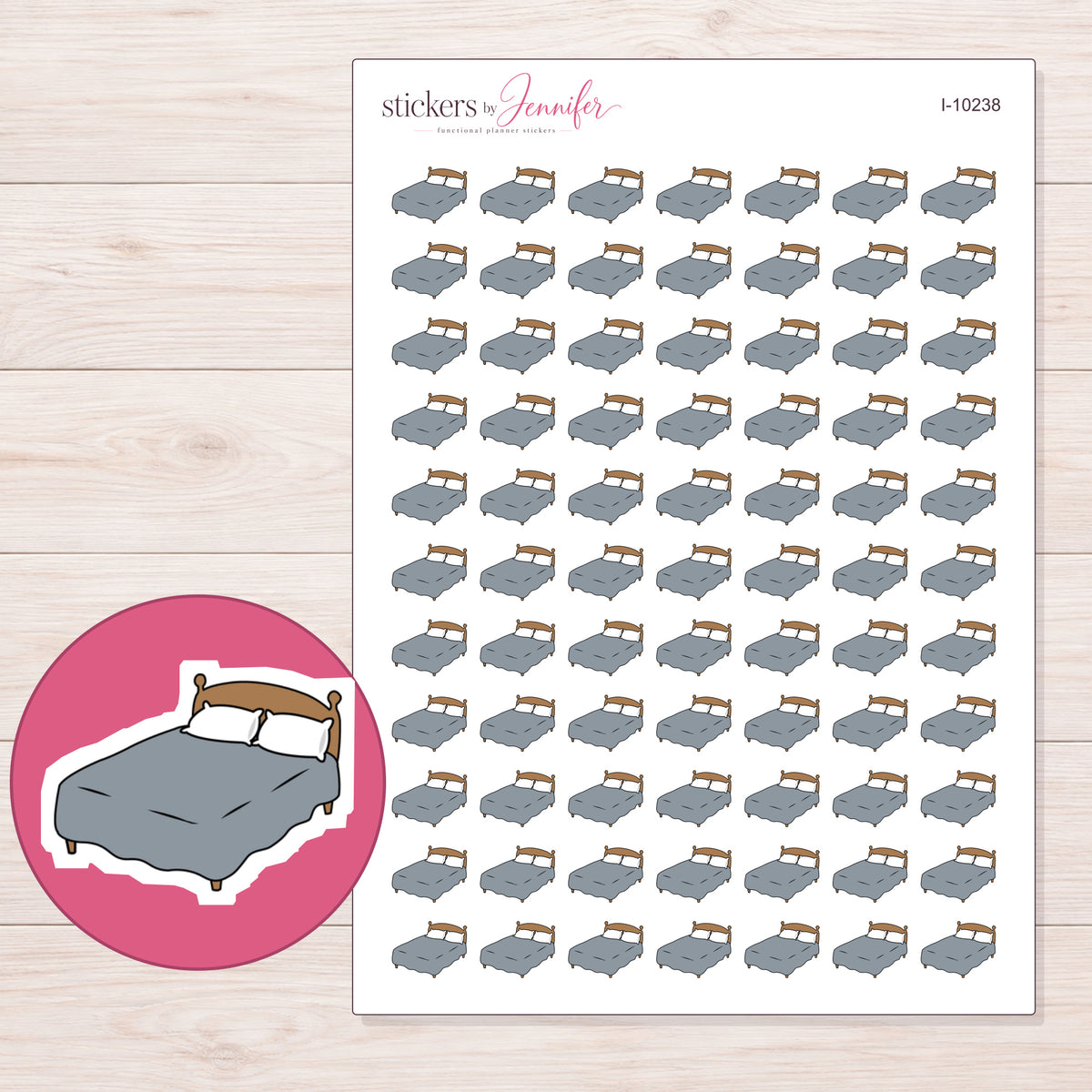 Gray Double Bed Planner Stickers | I-10238 — 5 × 7 inch sheet and enlarged sticker detail