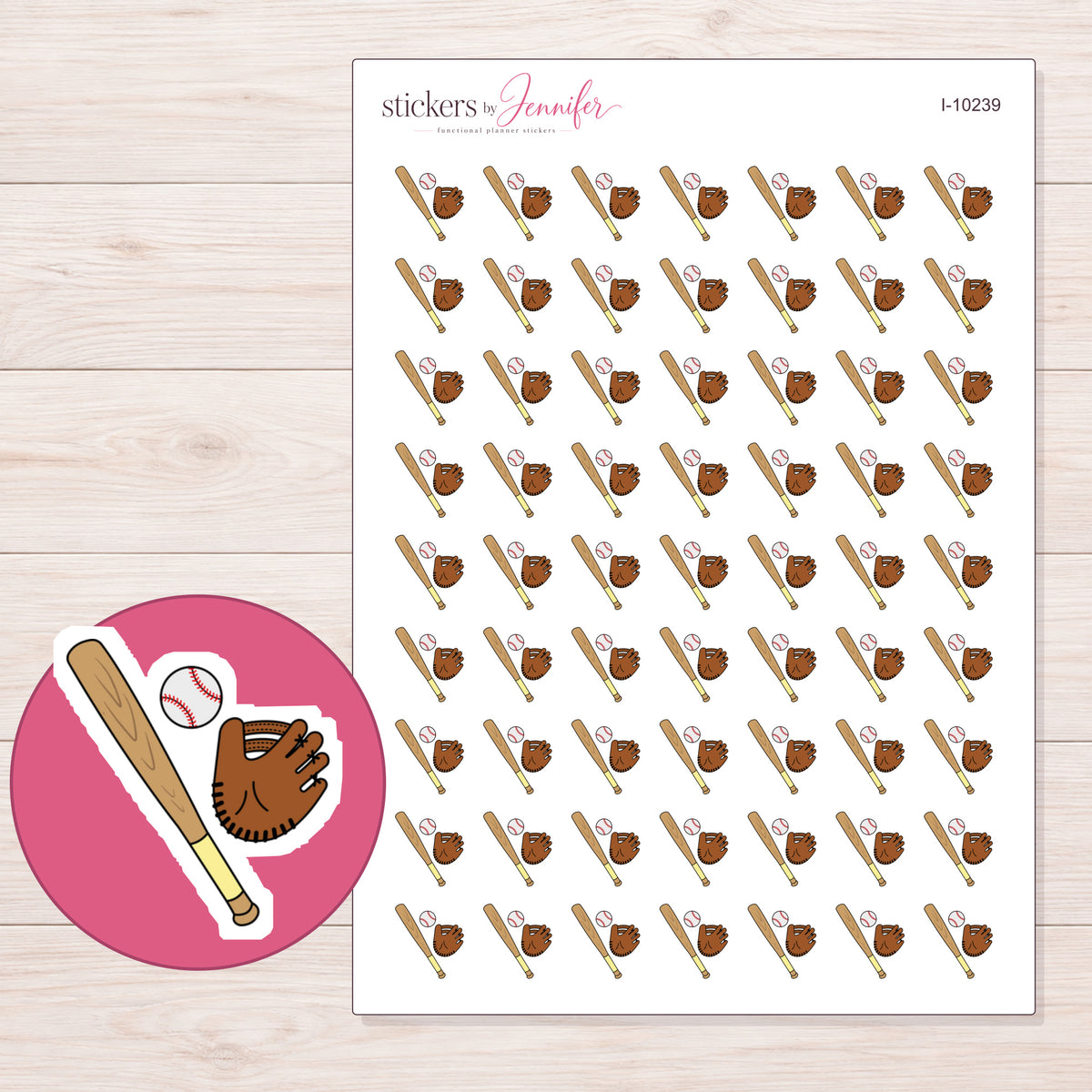 Baseball Bat Ball and Glove Planner Stickers | I-10239 — 5 × 7 inch sheet and enlarged sticker detail