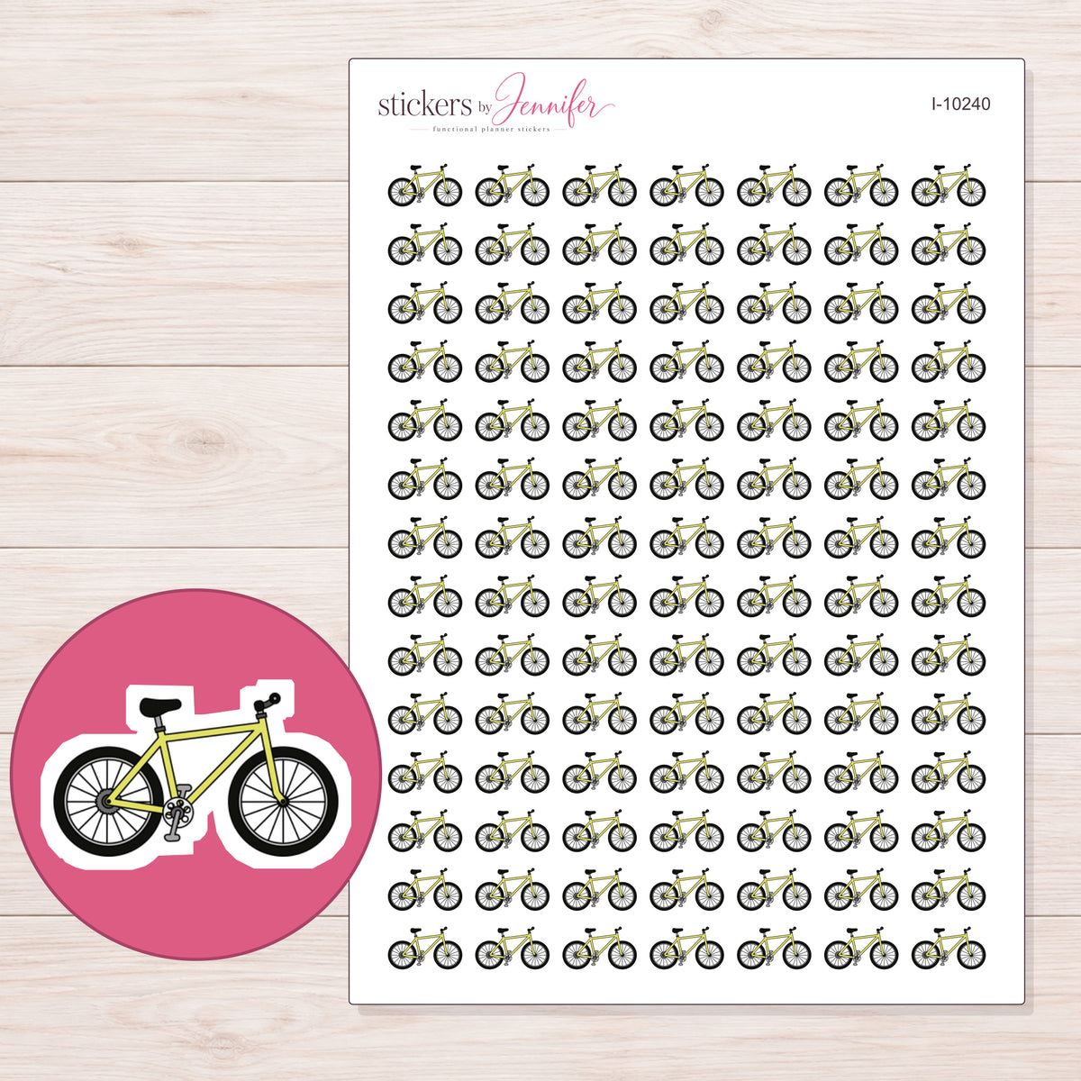 Yellow Bicycle Planner Stickers | I-10240 — 5 × 7 inch sheet and enlarged sticker detail