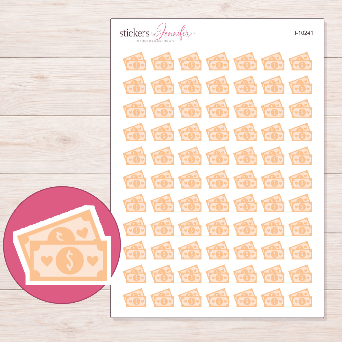 Peach Money Bills Planner Stickers | I-10241 — 5 × 7 inch sheet and enlarged sticker detail