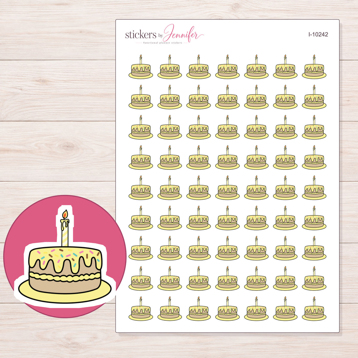 Yellow Birthday Cake Planner Stickers | I-10242 — 5 × 7 inch sheet and enlarged sticker detail